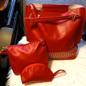Red Vegan Leather 3 Piece Handbag Set